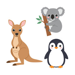 Adorable flat 2D vector illustration showcasing cute childish wildlife animals, including a cheerful kangaroo, a sleepy koala, and a playful penguin, isolated on a clean white background.