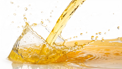 Dynamic fluid motion of yellow liquid splashing against white background, cut out on PNG. AI GENERATED.
