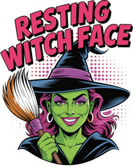 A whimsical cartoon illustration of a witch with a pumpkin, flying on a broom against a dark, moonlit night sky with bats