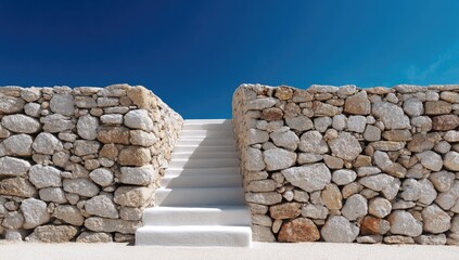 Whitewashed steps ascend between low, rustic stone walls against a vivid blue sky