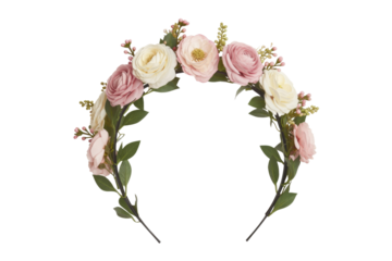 A delicate floral headband adorned with blush pink and ivory roses, perfect for weddings or special occasions. background removed