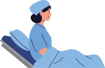 Female patient lying on hospital bed in blue clothing and cap medical care vector illustration 