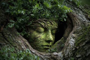 Enchanted Forest Spirit Embodied in Moss-Covered Tree Sculpture.