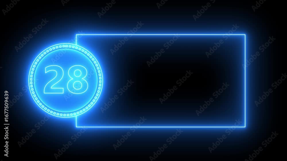 Poster blue neon circle with number 28 and rectangular frame on black background twenty eight digit