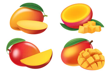 Ripe Mangoes and Slices with Green Leaves, Fresh Tropical Fruit