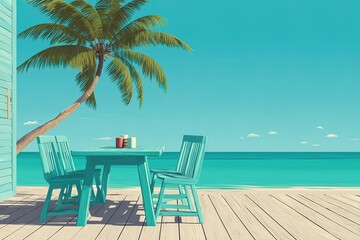 Stunning beachfront setting with turquoise furniture, palm tree, and serene ocean view during bright daytime