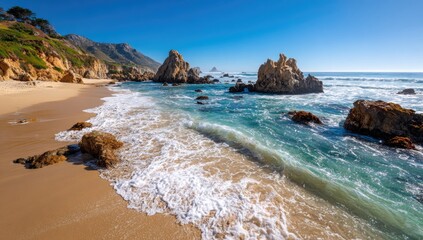 Sunny beach scene with waves gently lapping a sandy shore, featuring dramatic rock formations jutting from the turquoise ocean under a clear blue sky and rolling hills in the background