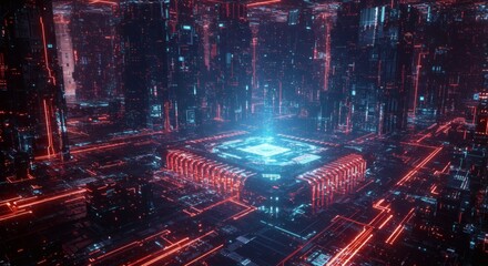 digital city cpu analyzing data flow showing ai processing power in a futuristic cyberspace location perfect for technology background.