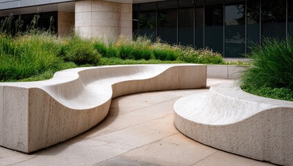 Sculptural, light-beige concrete benches curve organically through a landscaped urban courtyard, nestled beside a modern building