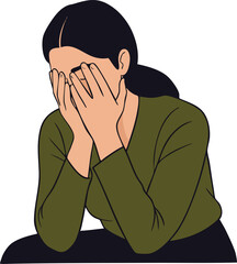 Woman covering face with hands expressing sadness or stress in green shirt vector illustration 