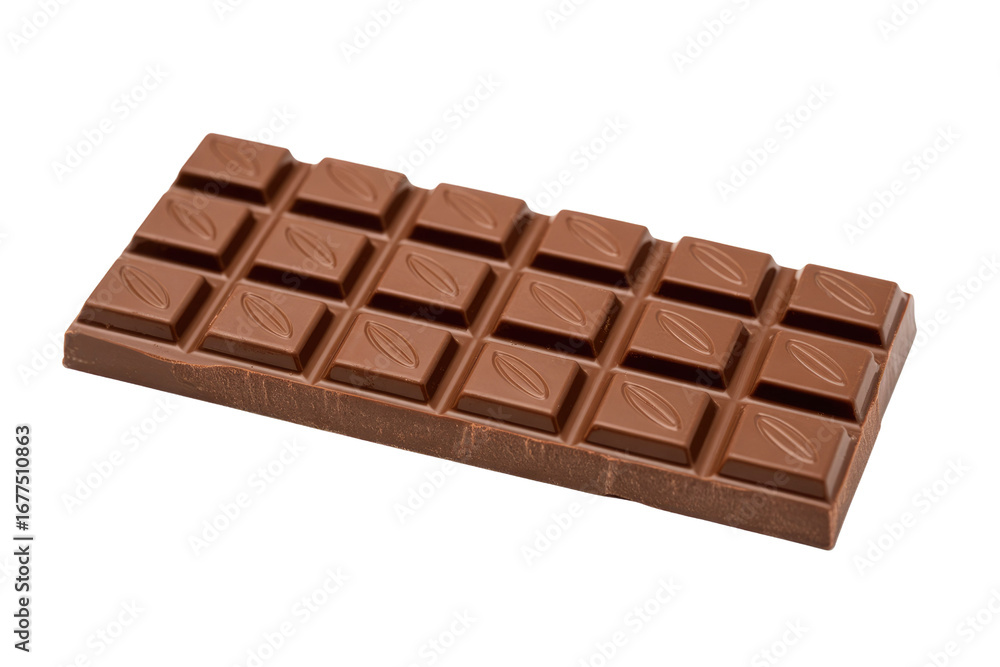 Poster a milk chocolate bar with cocoa leaf imprints, isolated on a transparent background. background remo