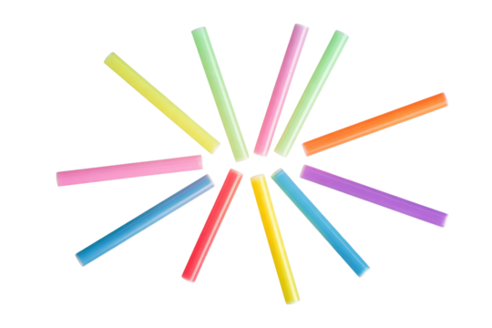 A colorful arrangement of twelve pastel-colored sticks radiating outwards on a transparent background. background removed