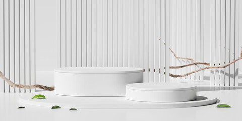 Minimalist white product podiums on a clean background. 3D Rendering