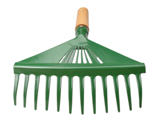 Green Metal Garden Rake with Wooden Handle, Isolated on Transparent Background