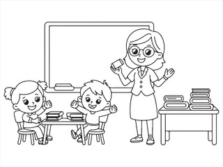 Educational scene showing a teacher instructing children at school, with books and a chalkboard.