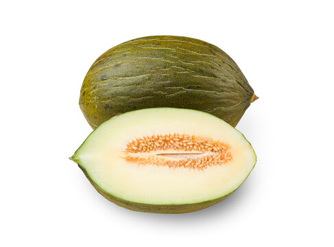 One whole and half of Piel de sapo melon on white background