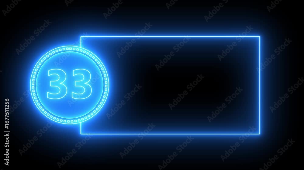 Poster blue neon number 33 inside circle with rectangle frame on black background thirty three numeral