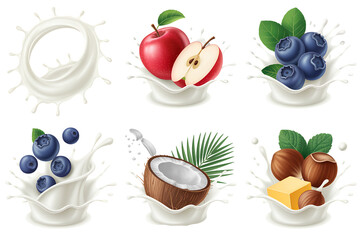 Fresh Fruits and Nuts Splashing in Creamy Milk