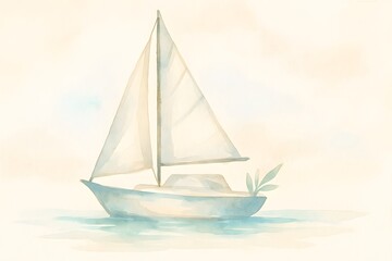 Fototapeta premium Watercolor sailboat drifting on calm water with blue reflections and beige sky, soft lighting and paper texture, ideal for coastal travel posters, nautical invitations, backgrounds.