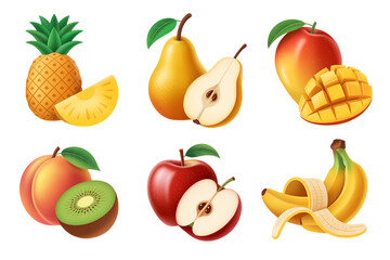 Assortment of Fresh and Vibrant Fruits: Pineapple, Pear, Apple, Mango, Kiwi, Peach, Banana