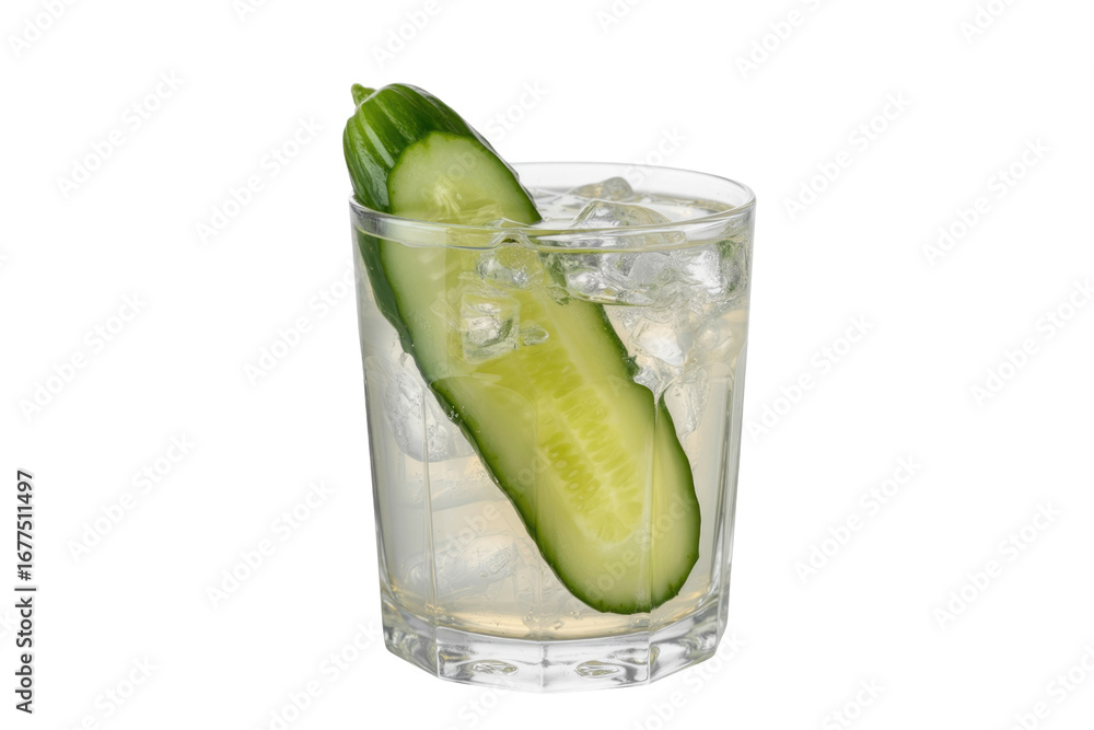 Poster refreshing cucumber drink in a glass with ice, perfect for summer. background removed