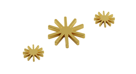 Three glowing metallic golden starburst elements, one larger orbiting two smaller, on a transparent studio surface. Concept of innovation, excellence, and breakthrough ideas