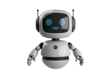 Cute white robot with a friendly face, isolated on transparent background. background removed