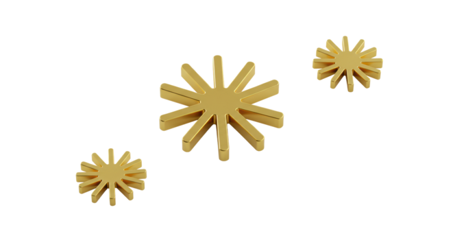 Three glowing metallic golden starburst elements, one larger orbiting two smaller, on a transparent studio surface. Concept of innovation, excellence, and breakthrough ideas