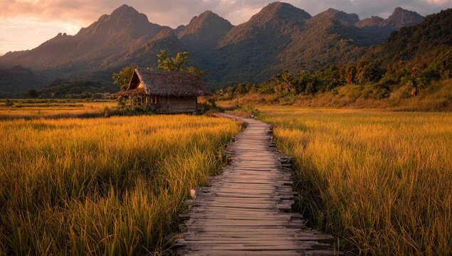 Golden-hued rice paddy, wooden path leads to a rustic thatched-roof hut nestled at the foot of majestic, sun-drenched mountains under a tranquil sunset sky - Powered by Adobe
