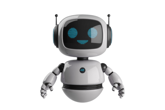 Cute white robot with a friendly face, isolated on transparent background. background removed - Powered by Adobe