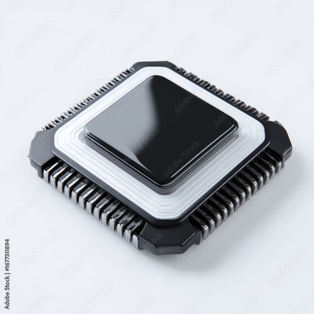 Fototapete high-angle, close-up view of a square black and white computer processor chip. sleek metallic casing