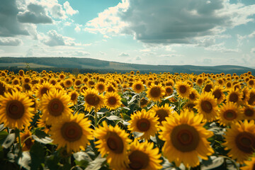 Obraz premium Sunflowers Field Under Cloudy Sky: Vibrant Spring Summer Nature Landscape 