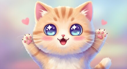Smiling kawaii cartoon cat with starry shiny eyes, fluffy face and pastel style illustration. 4K image