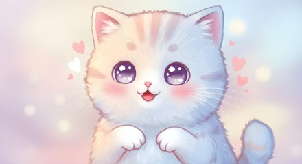Adorable white fluffy kawaii kitten with pastel cheeks and big sparkling eyes. Cute chibi style cartoon illustration. 4K image