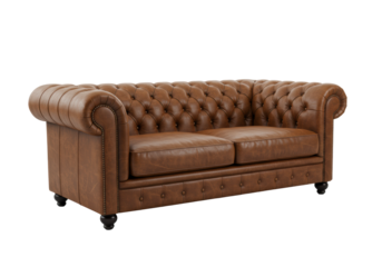 Classic brown leather chesterfield sofa, deep button tufting, rolled arms, dark wooden feet, transparent background, ample negative space, soft studio lighting, high-end product photography concept