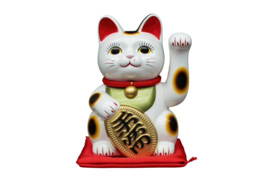 A Maneki-neko, a Japanese beckoning cat figurine, holding a gold coin, sitting on a red cushion. background removed