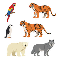 Naklejka premium Vibrant 2D flat vector illustration featuring a diverse set of global animals, each presented as a charming isolated character on a clean white background.