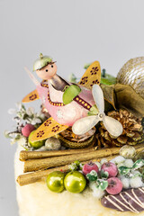 Christmas table composition. Beautiful decoration. Christmas trees, candles, stars, lights and elegant accessories. Merry Christmas and Happy Holidays, Template.