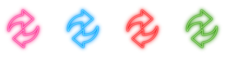 Colorful neon glowing reload arrows set vector illustration, curved refresh, reload, direction icons isolated on transparent background