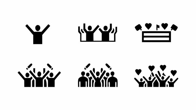 Illustrations showing crowds cheering with raised arms and objects in a black and white graphic style silhouette