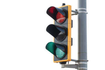 A transparent PNG image of a traffic light showing a red and green light. background removed