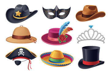 Collection of diverse hats and a masquerade mask