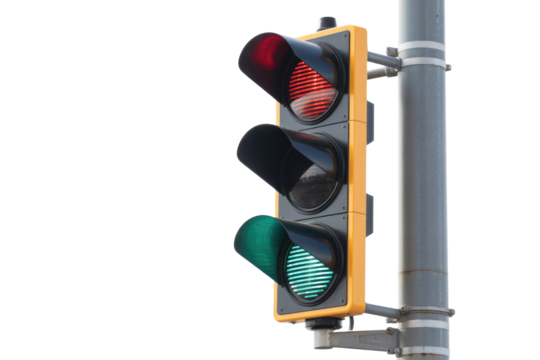 A transparent PNG image of a traffic light showing a red and green light. background removed