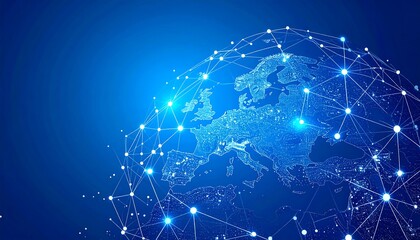 A global network map of Europe, showcasing intricate connections and a deep blue backdrop.