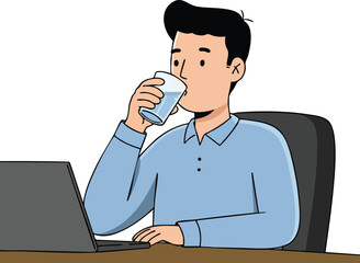 Man drinking water while working on laptop at desk vector illustration in casual blue shirt 