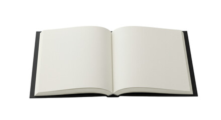 Pristine black hardcover book open to two blank, off-white textured pages, perfectly aligned on a seamless transparent studio background with negative space on right, concept of blank slate
