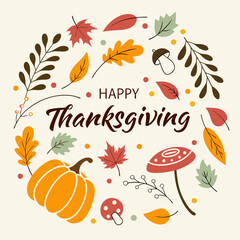 “Happy Thanksgiving” decorative handwriting. Digital banner or invitation card for Thanksgiving. Greetings card. Colorful pattern with plant elements from the fall season. Handwritten letters. Handlet