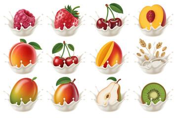 Assortment of Fresh Fruits and Oats Splashing in Milk