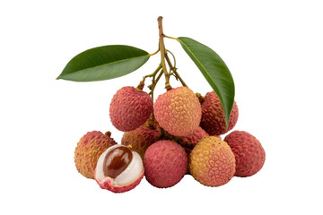 A bunch of fresh lychees with leaves on a transparent background.  Delicious tropical fruit. background removed