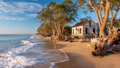Weathered beach house, dilapidated yet picturesque, stands amidst driftwood and sunlit sand on a tranquil coast under a clear, bright sky